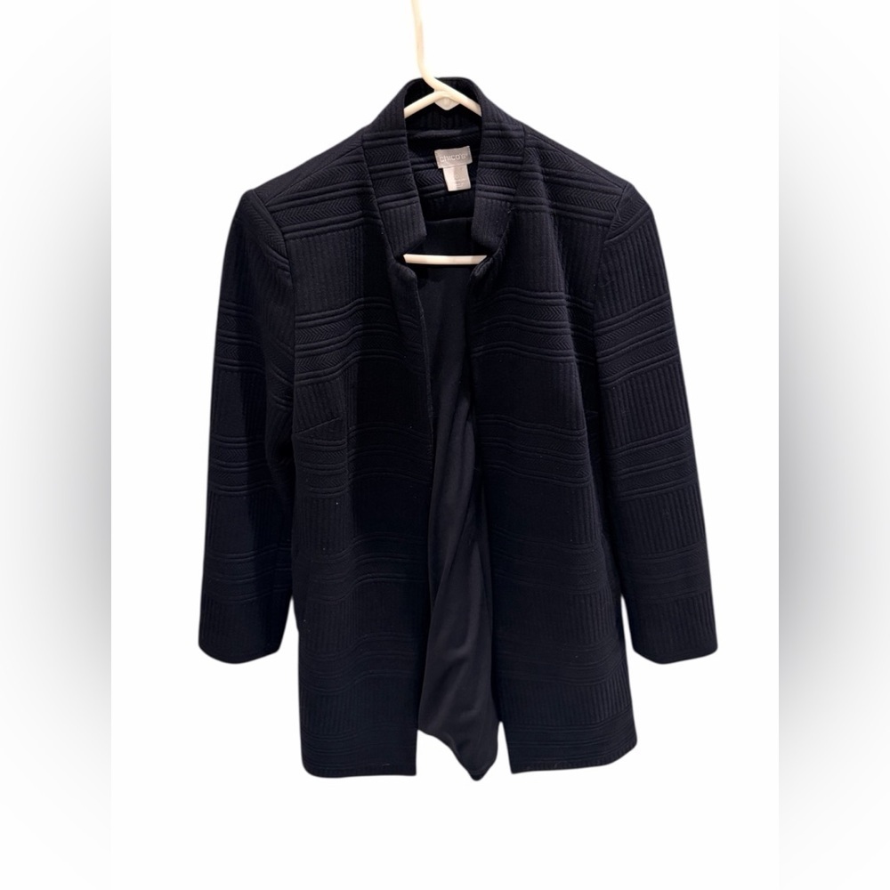 Chico’s Open Front Long Jacket Blazer Navy Blue Pattern Detail Size 4/6